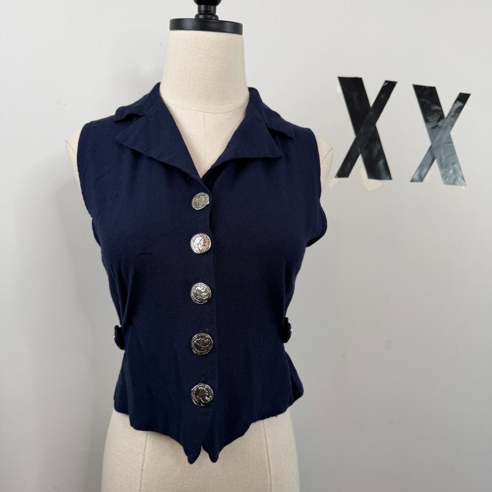 Vintage 90s Clio Navy Coin Button Statement Vest Cropped S